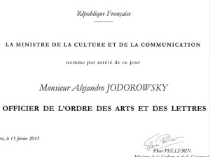 Alejandro Jodorowsky, Oficial de la Orden de las Artes y las Letras
